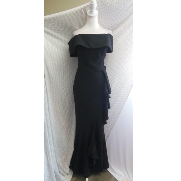 NEW Betsy & Adam BLACK Carina OFF THE SHOULDER Crepe RUFFLE Mermaid GOWN - Picture 5 of 13